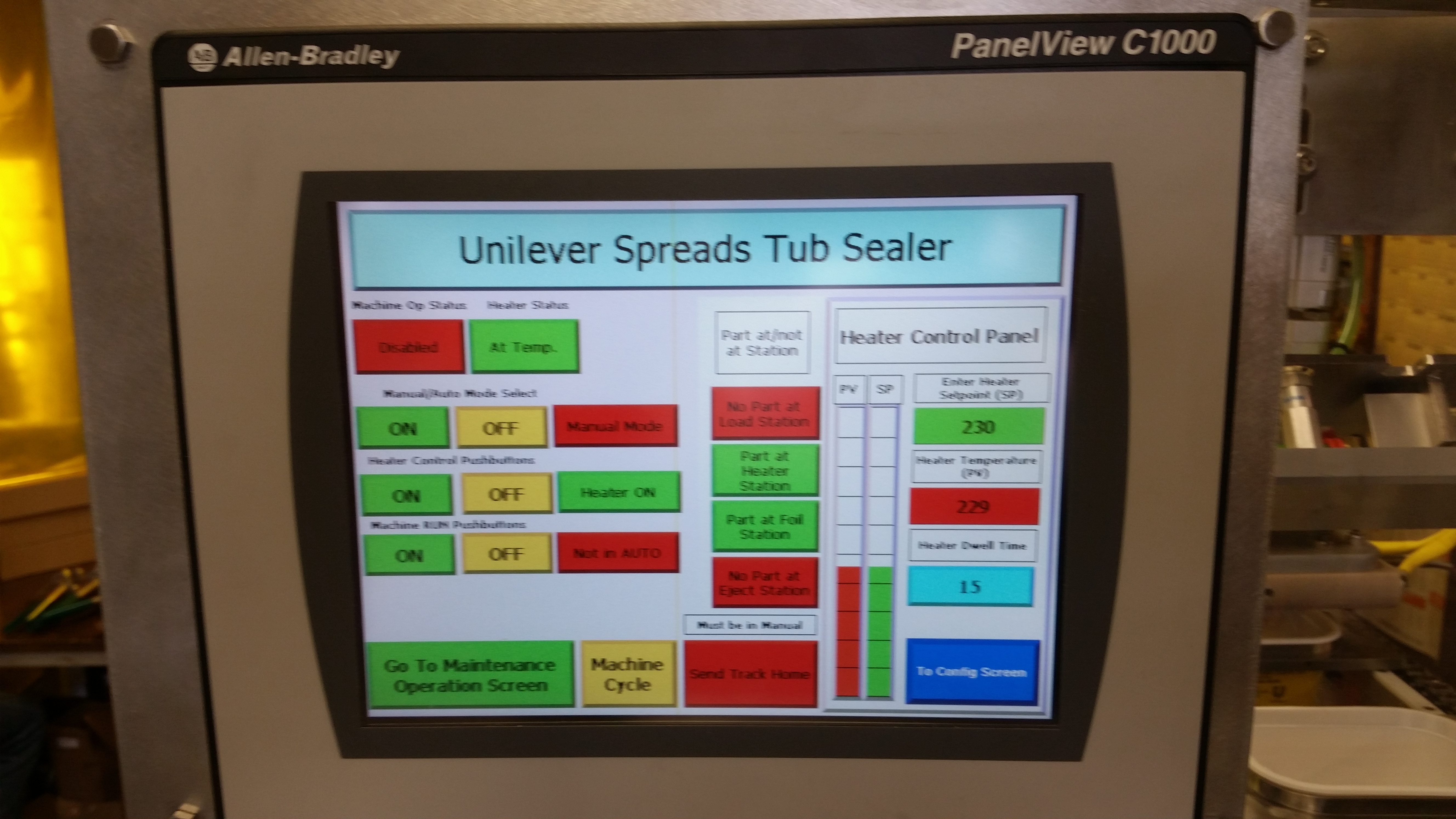 Allen-Bradley PanelView screen for the tub sealer production machine showing machine status and heater controls