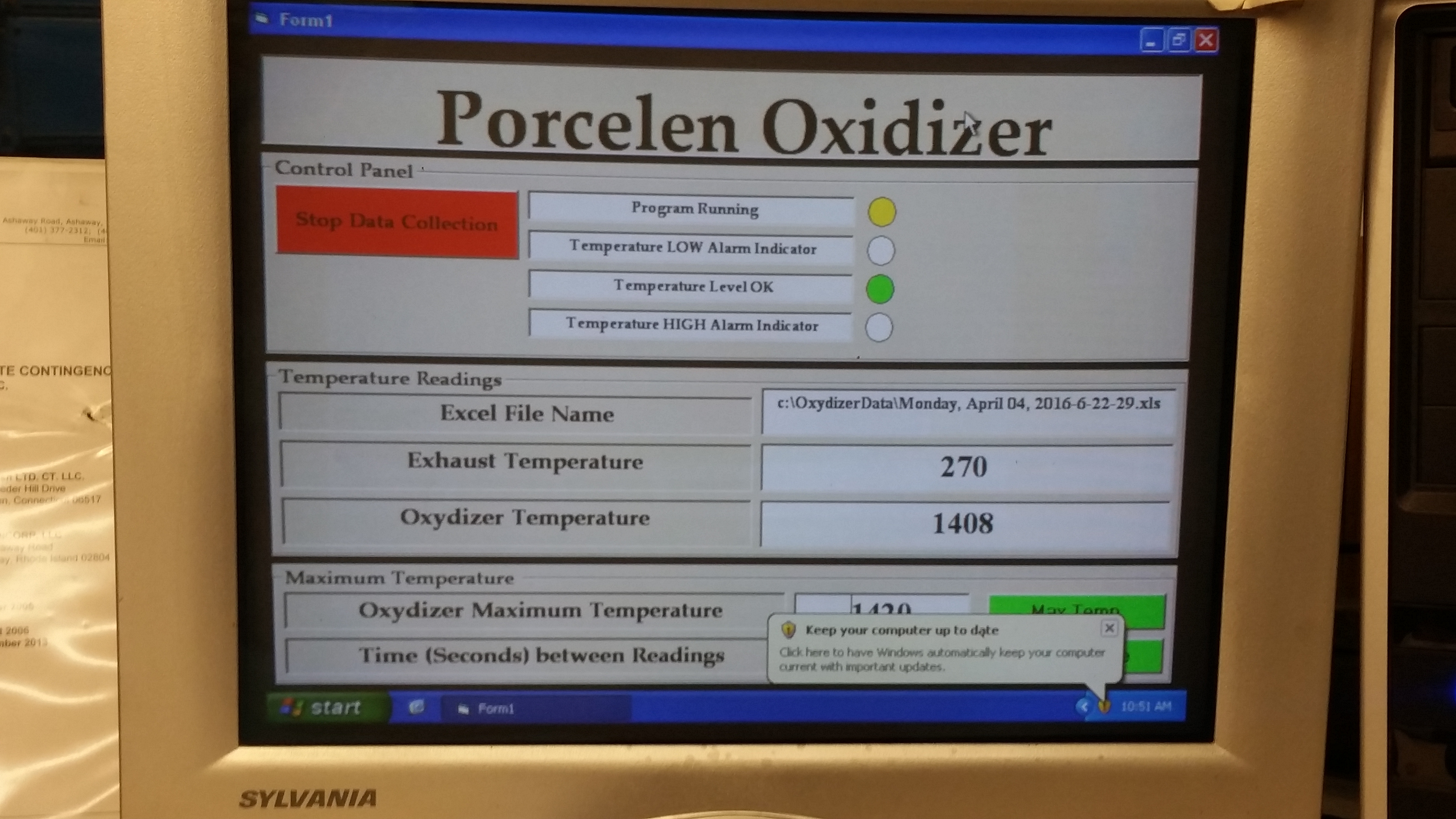 Main Coil Line Oxydizer Oven monitoring HMI showing alarm indicators and temperature readings